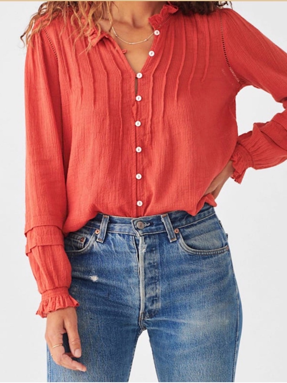 Faherty Coral Button-Down Ruffled Cuff Blouse